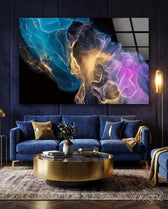 Cosmic Trio glass wall art displayed above a navy velvet sofa in a navy-walled lounge with brass coffee table