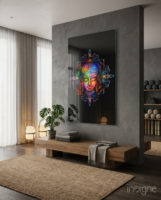 Neon Buddha glass wall art displayed above a low wood bench in a charcoal zen-walled lounge with monstera plant