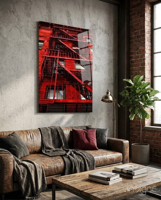 Red Stairs glass wall art displayed above a brown leather sofa in an industrial brick-walled lounge