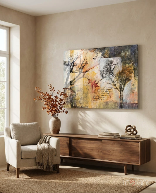 Autumn Manuscript glass wall art displayed above a walnut credenza in a warm beige minimalist nook with cream chair