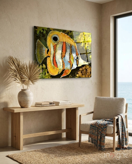Tropical Fish glass wall art displayed above a wood console in a warm beige coastal lounge with ocean view
