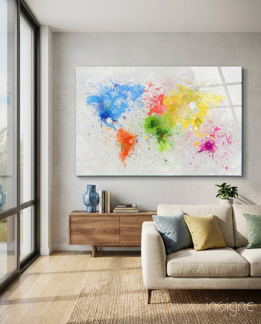 Watercolor Map glass wall art displayed above a walnut credenza in a bright minimalist lounge with linen sofa