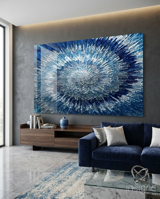 Crystal Burst glass wall art displayed above a walnut low credenza in a charcoal-walled lounge with navy velvet sofa