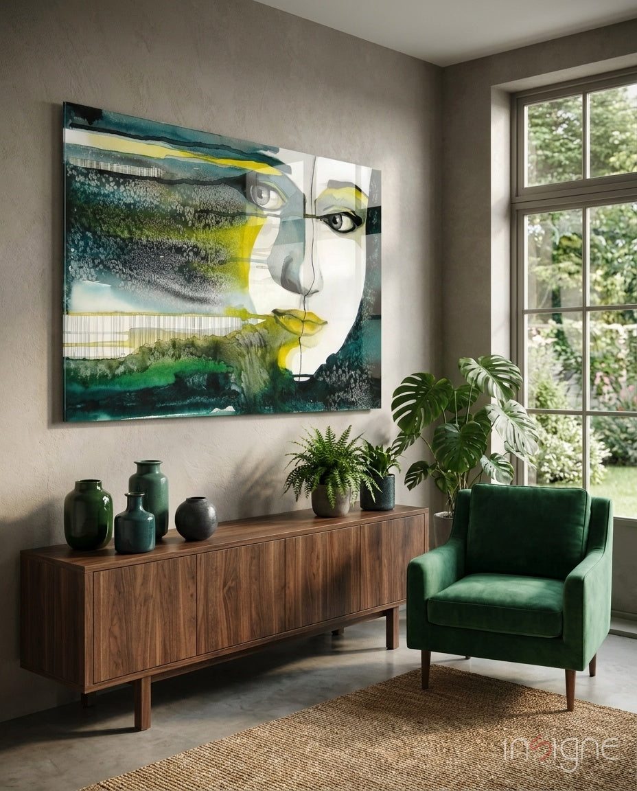 Emerald Portrait glass wall art displayed above a walnut credenza in a warm greige lounge with emerald velvet armchair