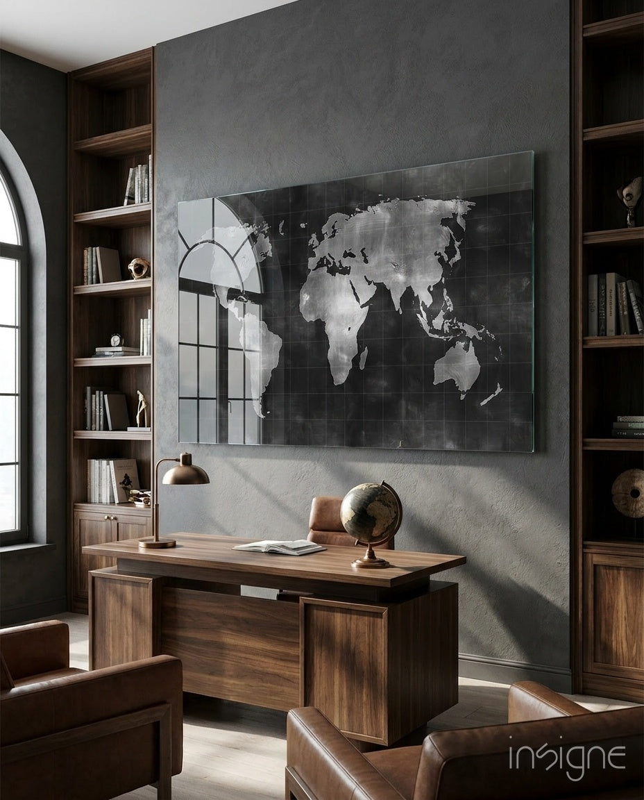 Chalkboard Map glass wall art displayed above a walnut desk in a dark wood-paneled office with cognac chairs