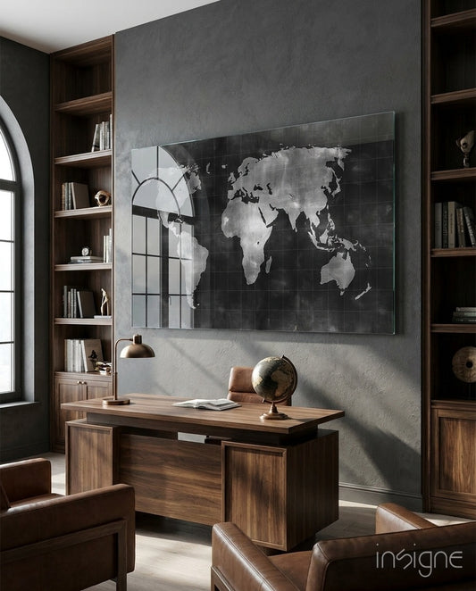Chalkboard Map glass wall art displayed above a walnut desk in a dark wood-paneled office with cognac chairs