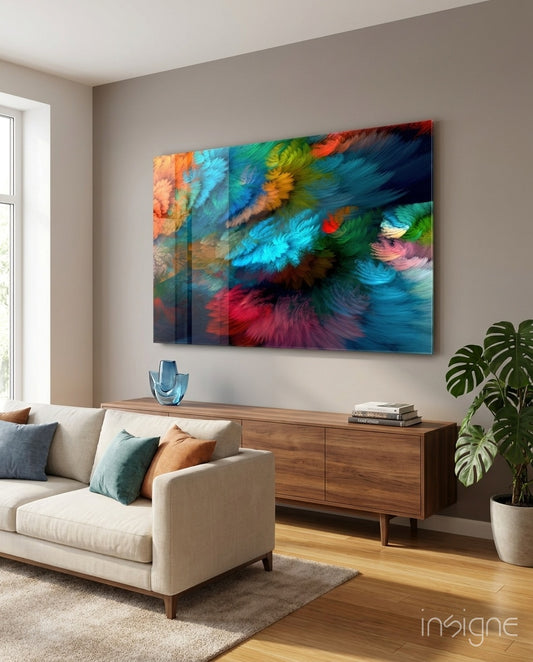 Fractal Feathers glass wall art displayed above a walnut credenza in a warm minimalist lounge with linen sofa