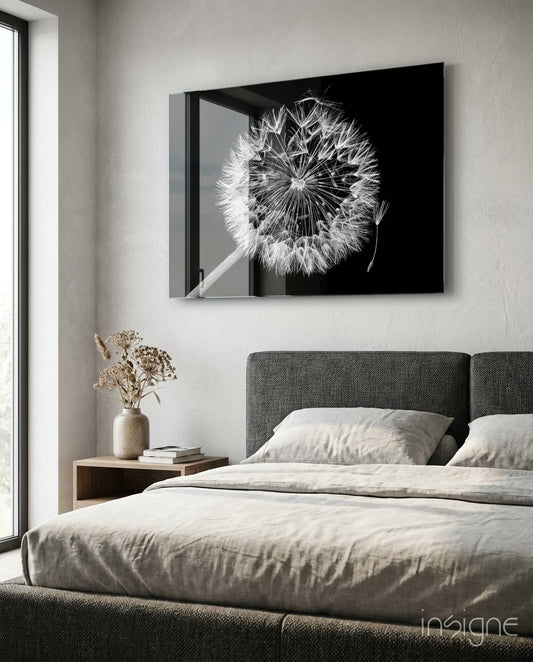 Dandelion Wish glass wall art displayed above a charcoal upholstered headboard in a greige bedroom