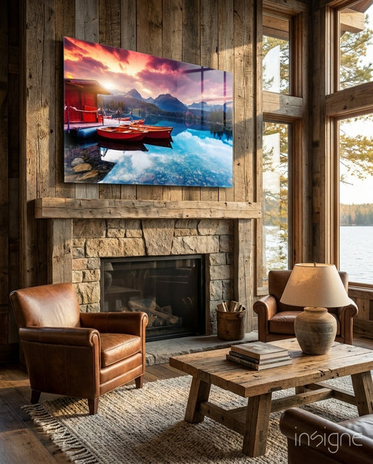 Lake Boats glass wall art displayed above a stone fireplace in a rustic wood cabin lounge with brown leather chairs