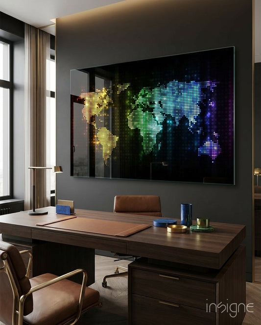 Neon Pixel Map glass wall art displayed above a walnut desk in a dark luxe city-view office with cognac chairs