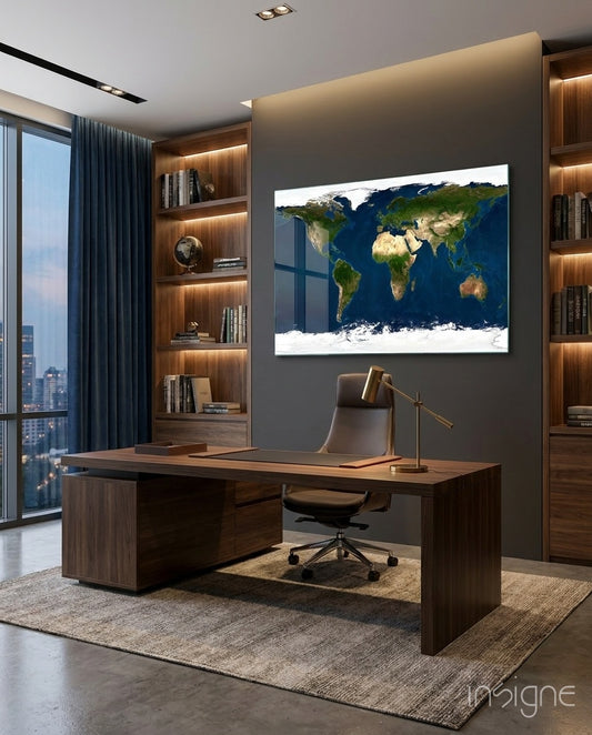 Satellite Earth glass wall art displayed above a walnut desk in a dark wood-paneled office with city view