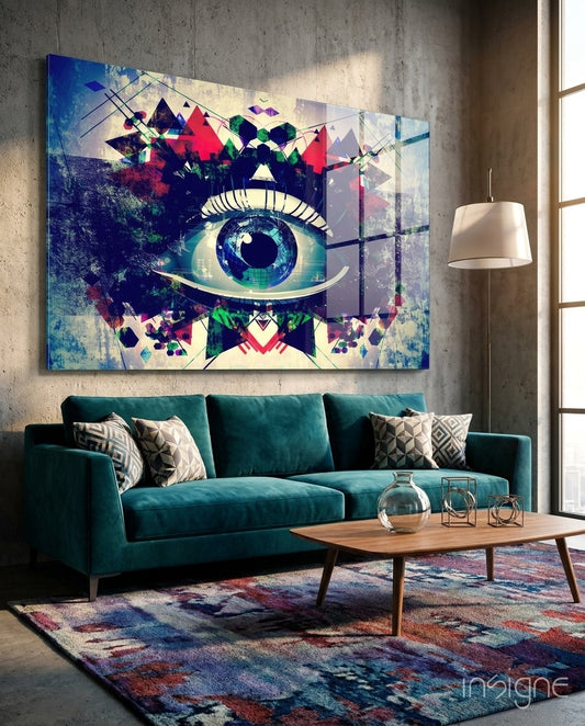 Glitch Eye glass wall art displayed above a teal velvet sofa in an industrial concrete-walled lounge