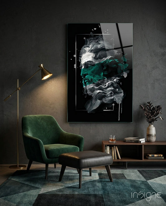 Emerald Poseidon glass wall art displayed above a wood credenza in a charcoal-walled lounge with emerald velvet armchair