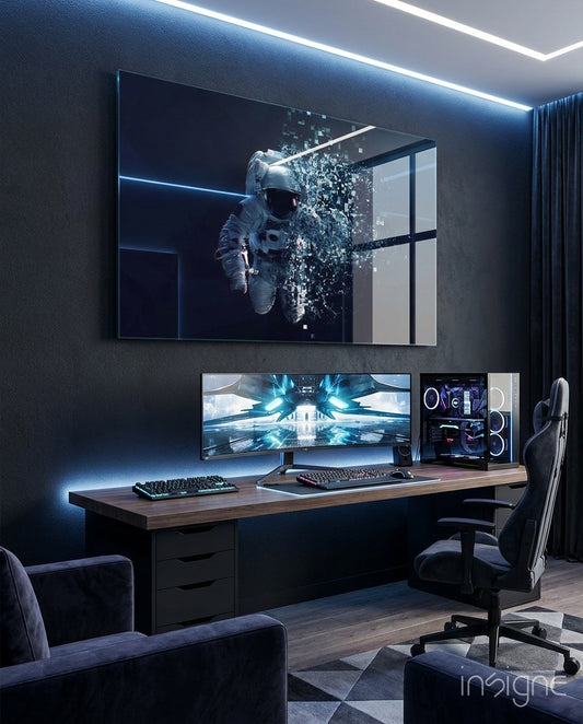 Pixel Astronaut glass wall art displayed above a gaming desk in a dark gaming room with neon LED accents