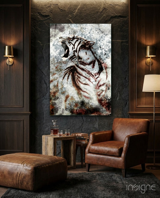 Grunge Tiger glass wall art displayed above a wood side-table in a dark slate-paneled lounge with brown leather chair