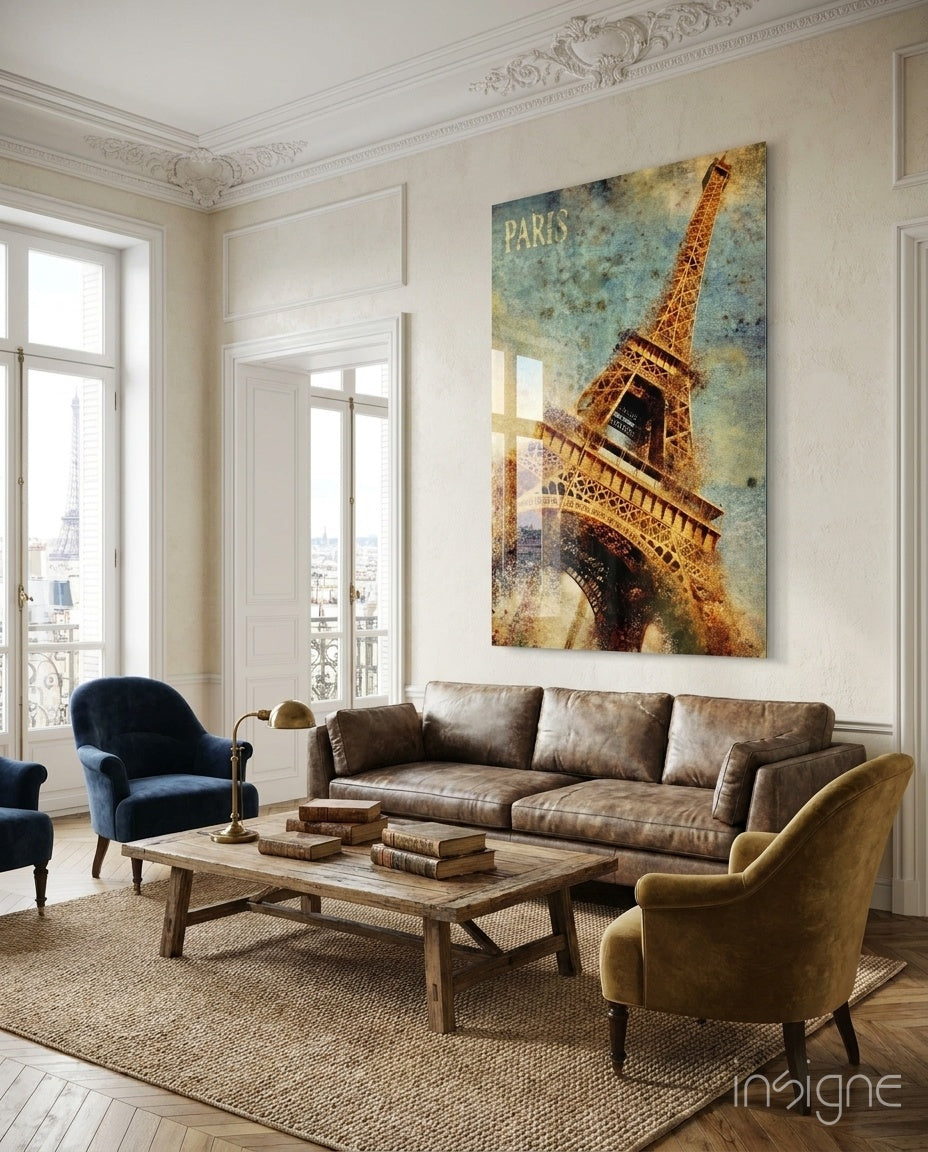 Paris Poster glass wall art displayed above a brown leather sofa in a classical Parisian apartment with herringbone floor