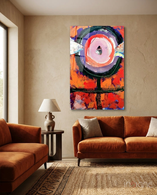 Bullseye Eye glass wall art displayed above a wood console in a warm sandstone-walled lounge with rust velvet sofas