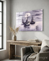 Moonlit Fleet glass wall art displayed above a wood console in a warm minimalist nook with linen armchair