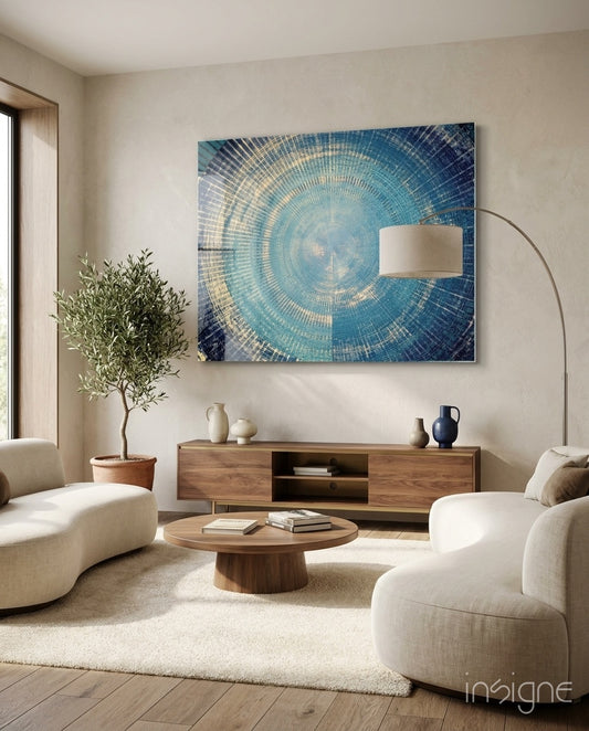 Mosaic Rings glass wall art displayed above a walnut credenza in a warm minimalist living room with cream bouclé sofas