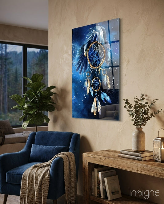 Spirit Catcher glass wall art displayed above a wood console in a warm beige sandstone lounge with navy velvet armchair