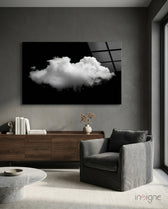 Solo Cloud glass wall art displayed above a walnut credenza in a charcoal-walled lounge with grey velvet armchair