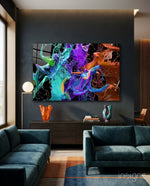 Liquid Splash glass wall art displayed above a wood credenza in a dark navy-walled lounge with teal velvet sofas