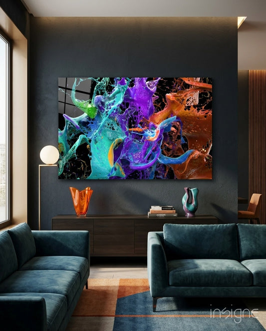 Liquid Splash glass wall art displayed above a wood credenza in a dark navy-walled lounge with teal velvet sofas