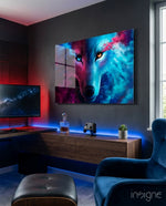 Spirit Wolf glass wall art displayed above a gaming desk in a dark gaming room with neon LED lighting and gaming setup