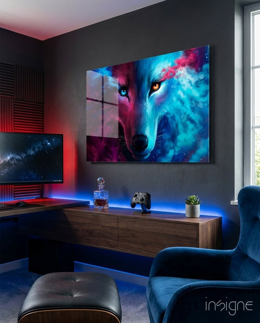 Spirit Wolf glass wall art displayed above a gaming desk in a dark gaming room with neon LED lighting and gaming setup
