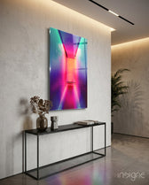 Neon Portal glass wall art displayed above a wood console in a warm minimalist concrete-walled hallway