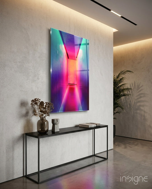 Neon Portal glass wall art displayed above a wood console in a warm minimalist concrete-walled hallway
