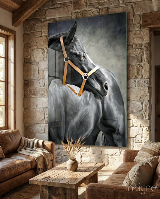 Black Stallion glass wall art displayed above a wood console in a stone-walled rustic cabin lounge with cognac sofa
