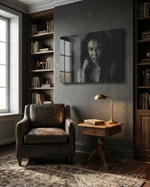 Tattooed Muse glass wall art displayed above a wood side-table in a dark wood-paneled library lounge with brown leather chair