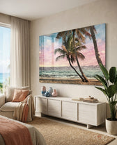Pastel Palms glass wall art displayed above a wood credenza in a warm beige bedroom with linen daybed