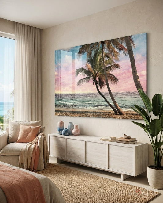 Pastel Palms glass wall art displayed above a wood credenza in a warm beige bedroom with linen daybed