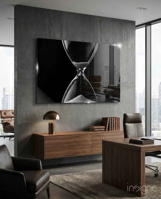 Hourglass Time glass wall art displayed above a walnut floating credenza in a warm concrete-walled office with city view