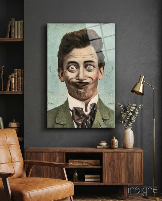 Cartoon Gentleman glass wall art displayed above a walnut credenza in a dark grey lounge with cognac chair