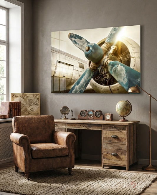 Vintage Plane glass wall art displayed above a wood desk in a warm minimalist concrete-walled office with leather chair and world map