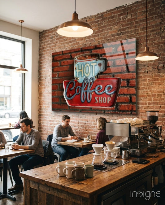 Diner Sign glass wall art displayed above a wood counter in a warm brick-walled cafe with copper pendants