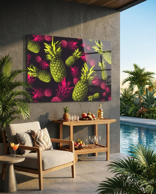 Neon Pineapples glass wall art displayed above a wood bar console in an outdoor patio with palm trees and pool