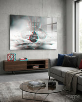 Glitch Pocket Watch glass wall art displayed above a wood low credenza in a warm minimalist concrete-walled lounge with grey velvet sofa