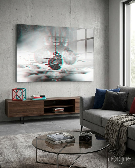 Glitch Pocket Watch glass wall art displayed above a wood low credenza in a warm minimalist concrete-walled lounge with grey velvet sofa
