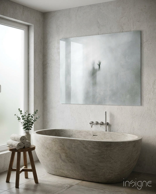 Despair glass wall art displayed above a stone bathtub in a pale concrete-walled bathroom with eucalyptus stems