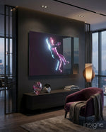 Astronaut glass wall art displayed above a dark console in a moody penthouse lounge with city skyline view