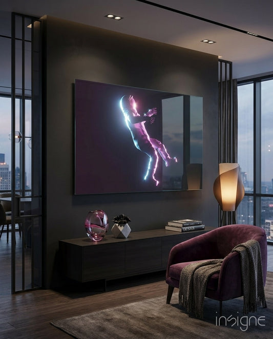 Astronaut glass wall art displayed above a dark console in a moody penthouse lounge with city skyline view