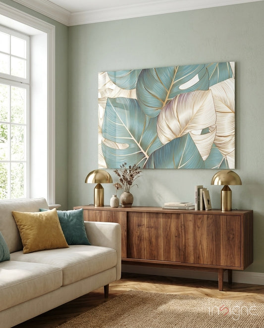 Leaves glass wall art displayed above a walnut credenza in a soft sage-walled living room with cream sofa and brass lamps