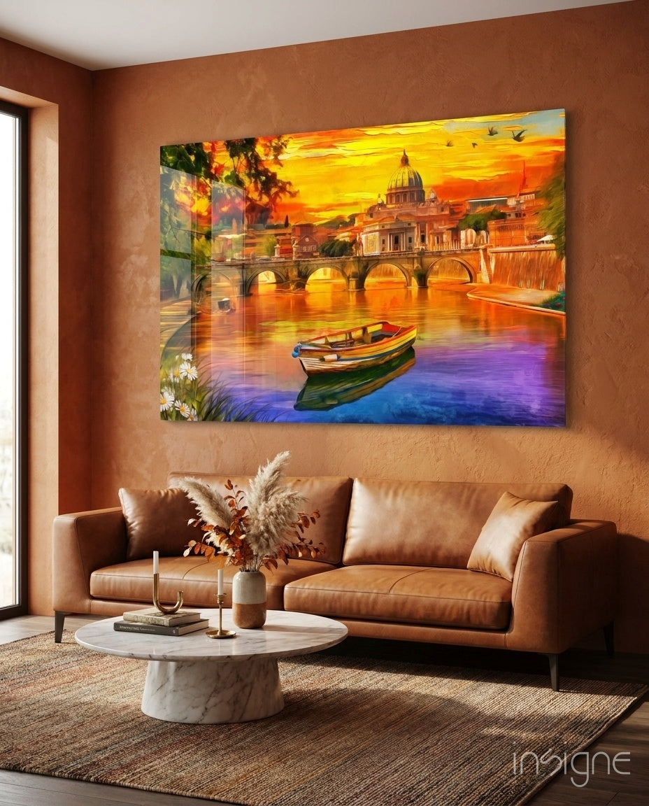 St. Peter's Basilica glass wall art displayed above a tan leather sofa in a warm terracotta-walled lounge with marble coffee table
