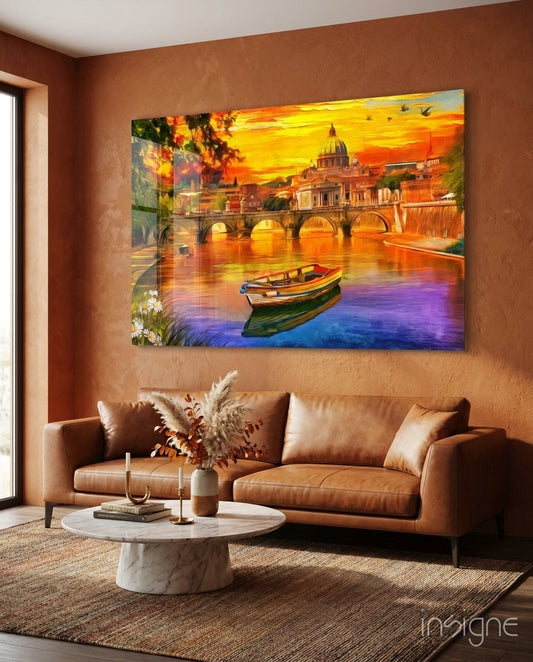 St. Peter's Basilica glass wall art displayed above a tan leather sofa in a warm terracotta-walled lounge with marble coffee table