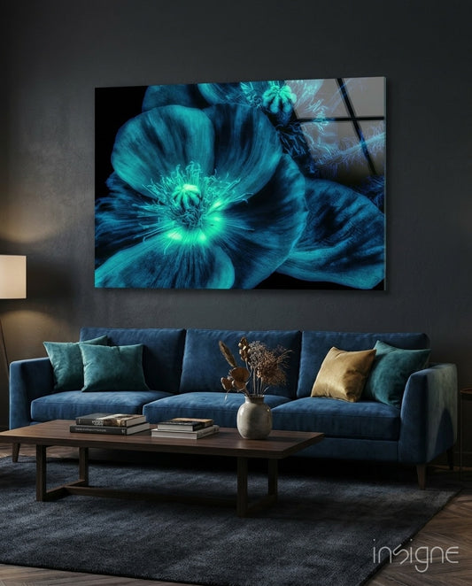 Malvales Flower glass wall art displayed above a navy velvet sofa in a moody charcoal-walled lounge with brass-trimmed coffee table