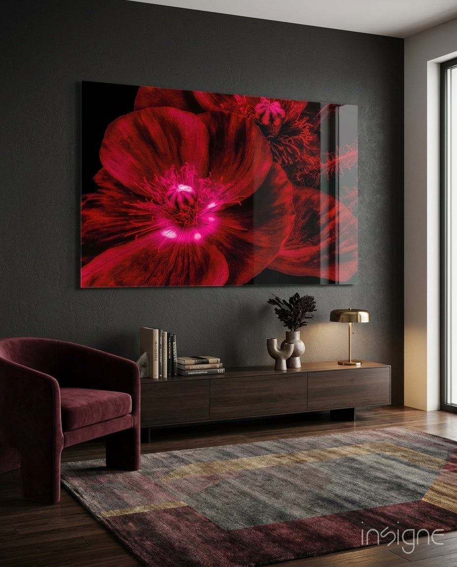 Malvales Flower glass wall art displayed above a walnut credenza in a moody charcoal-walled lounge with burgundy velvet armchair